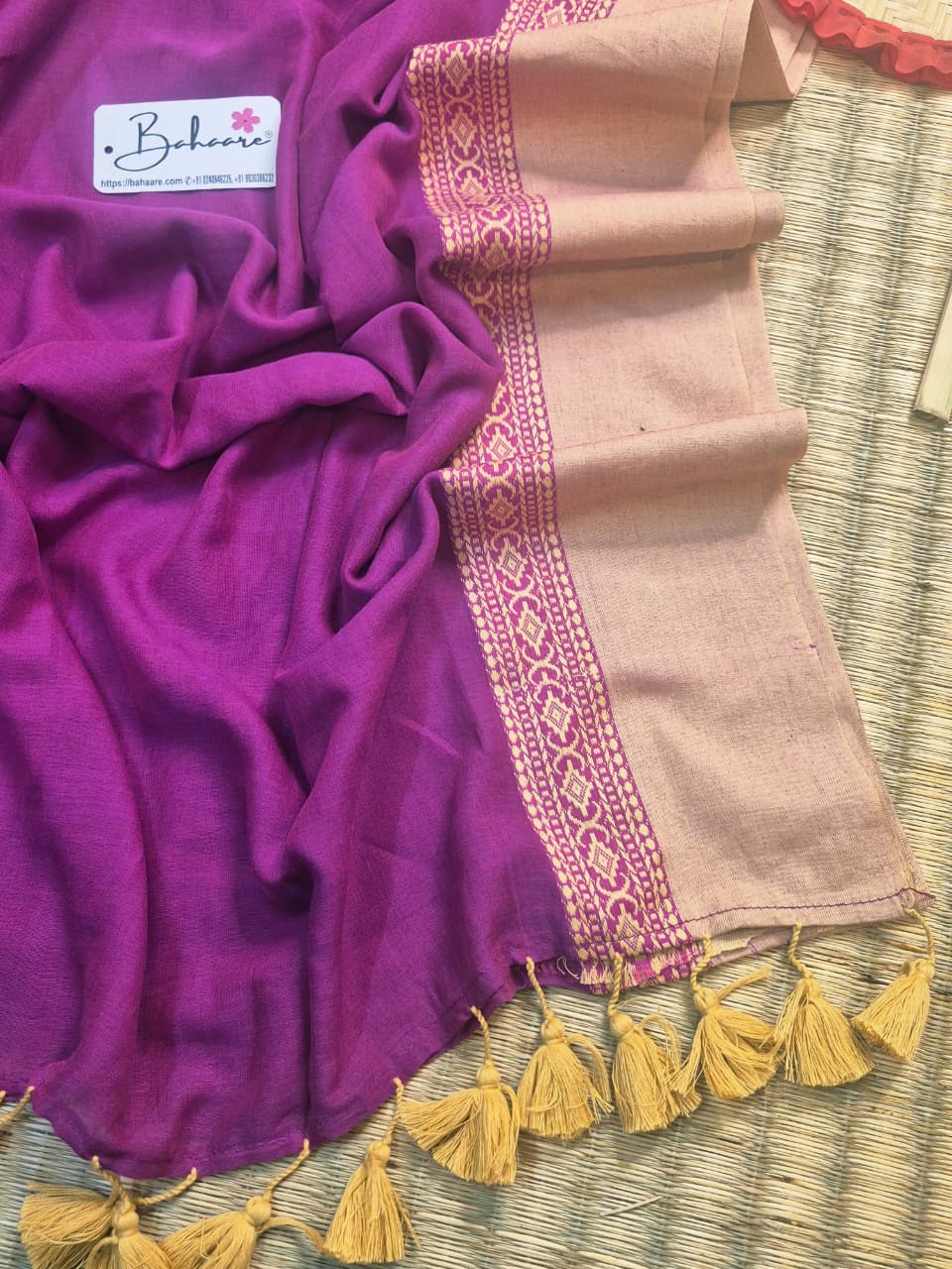 Cotton Galleria | Orchid Purple Handwoven Premium Cotton Saree with Beige Border