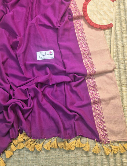 Cotton Galleria | Orchid Purple Handwoven Premium Cotton Saree with Beige Border