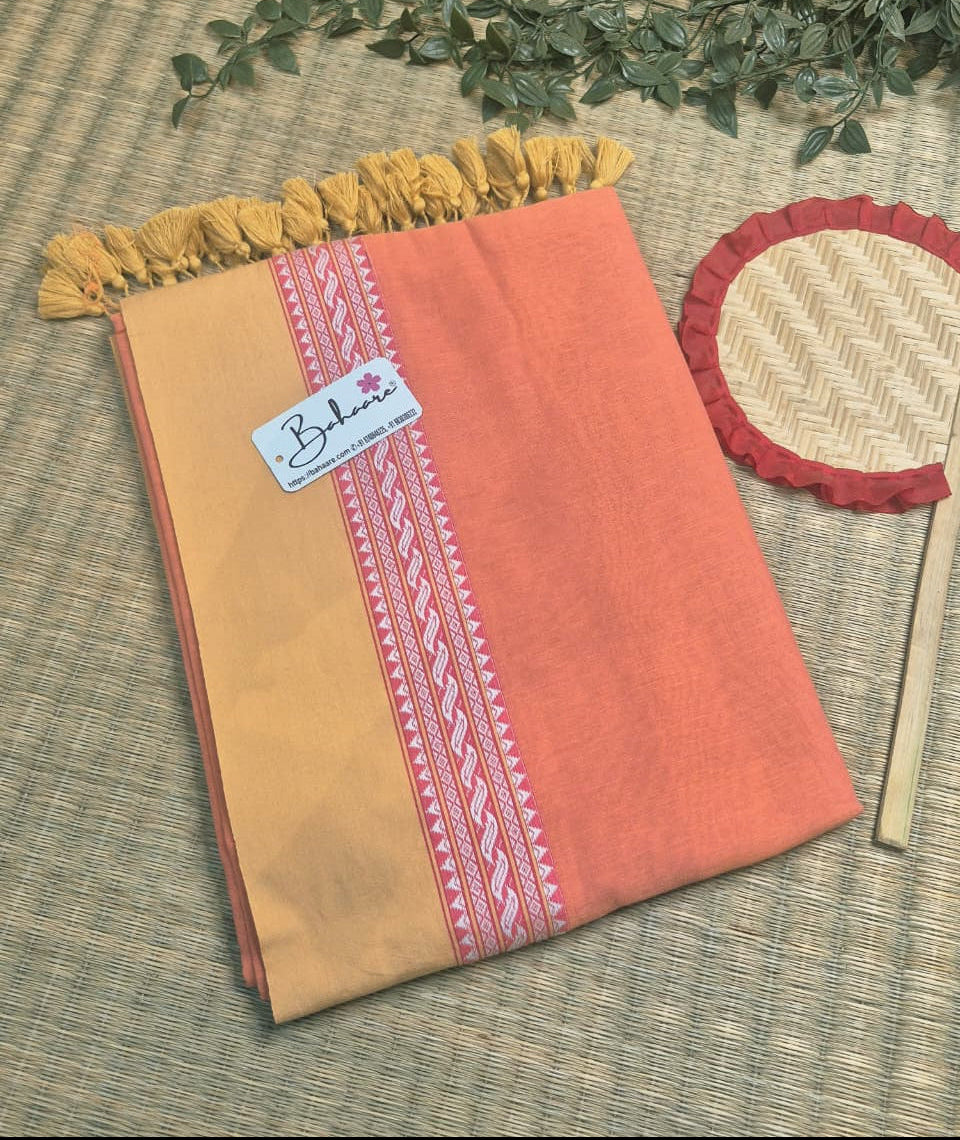 Cotton Galleria | Soft Peach Handwoven Premium Cotton Saree with Beige Border