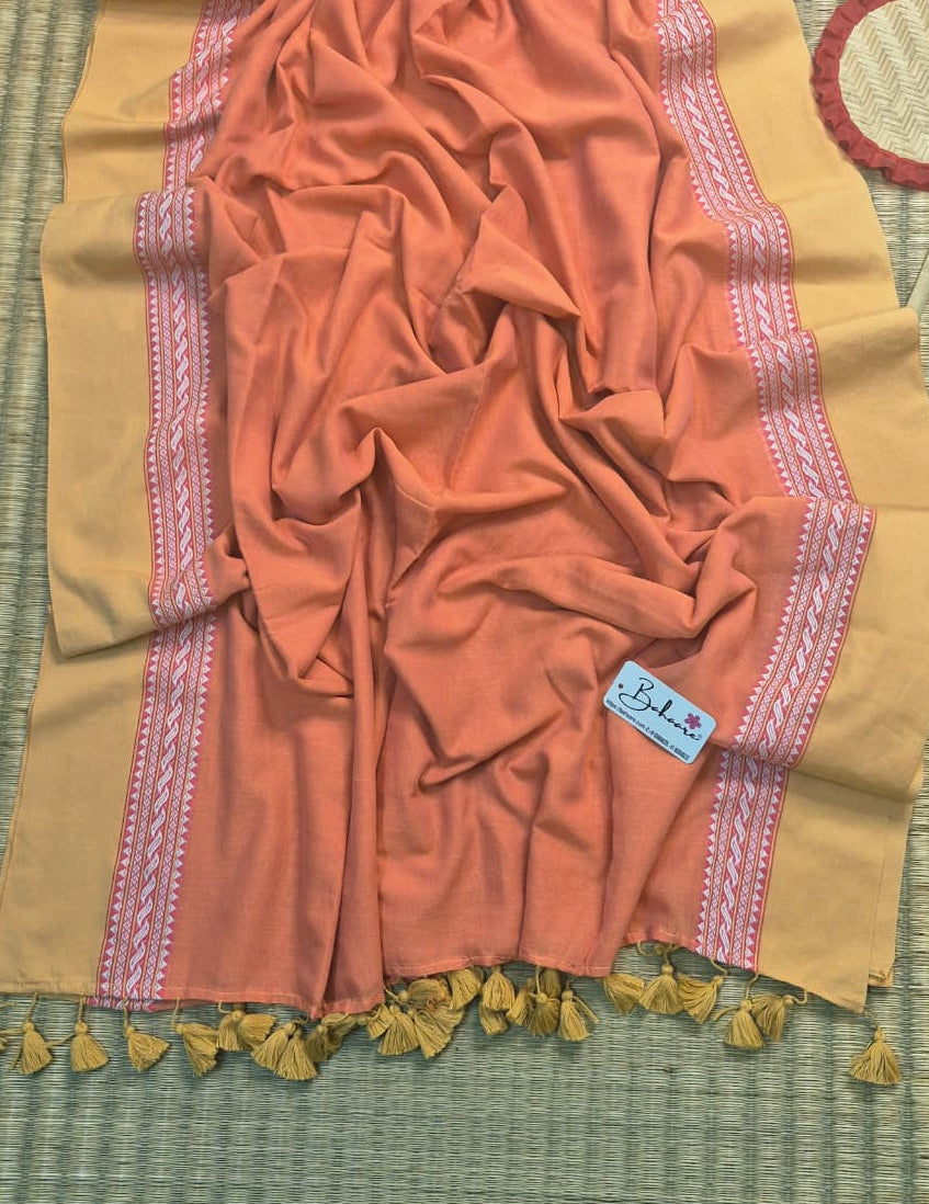 Cotton Galleria | Soft Peach Handwoven Premium Cotton Saree with Beige Border