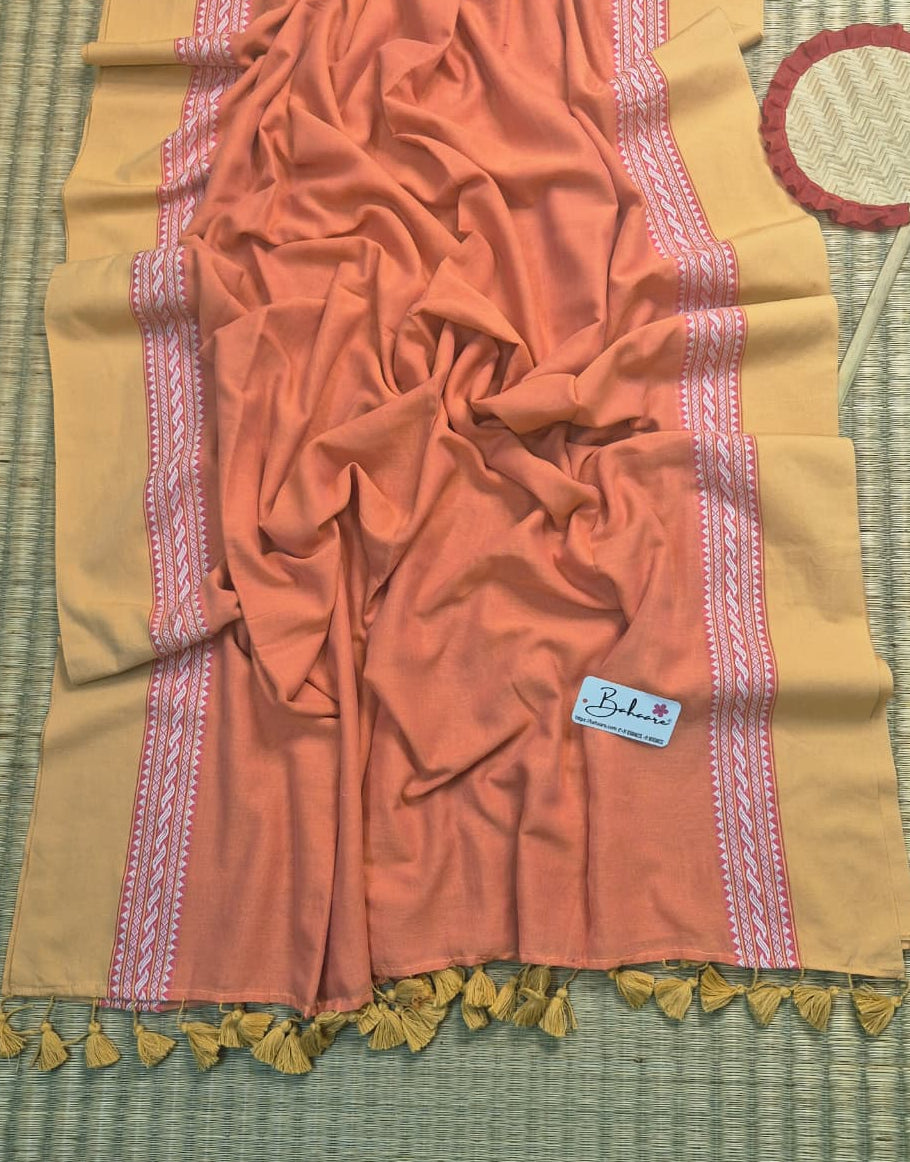 Cotton Galleria | Soft Peach Handwoven Premium Cotton Saree with Beige Border