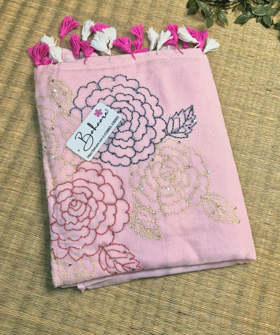 Mohini | Lotus Pink Mul Mul Cotton Saree with Kantha Hand Embroidery