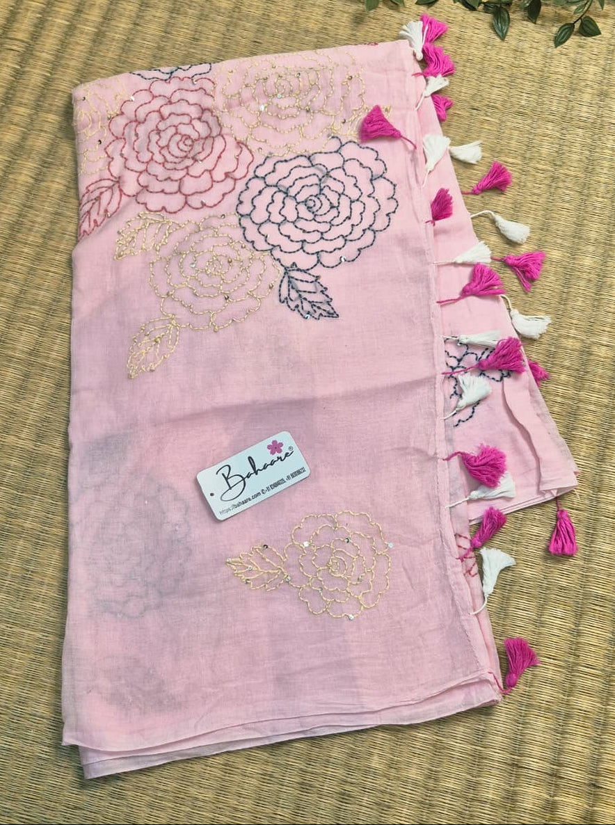 Mohini | Lotus Pink Mul Mul Cotton Saree with Kantha Hand Embroidery