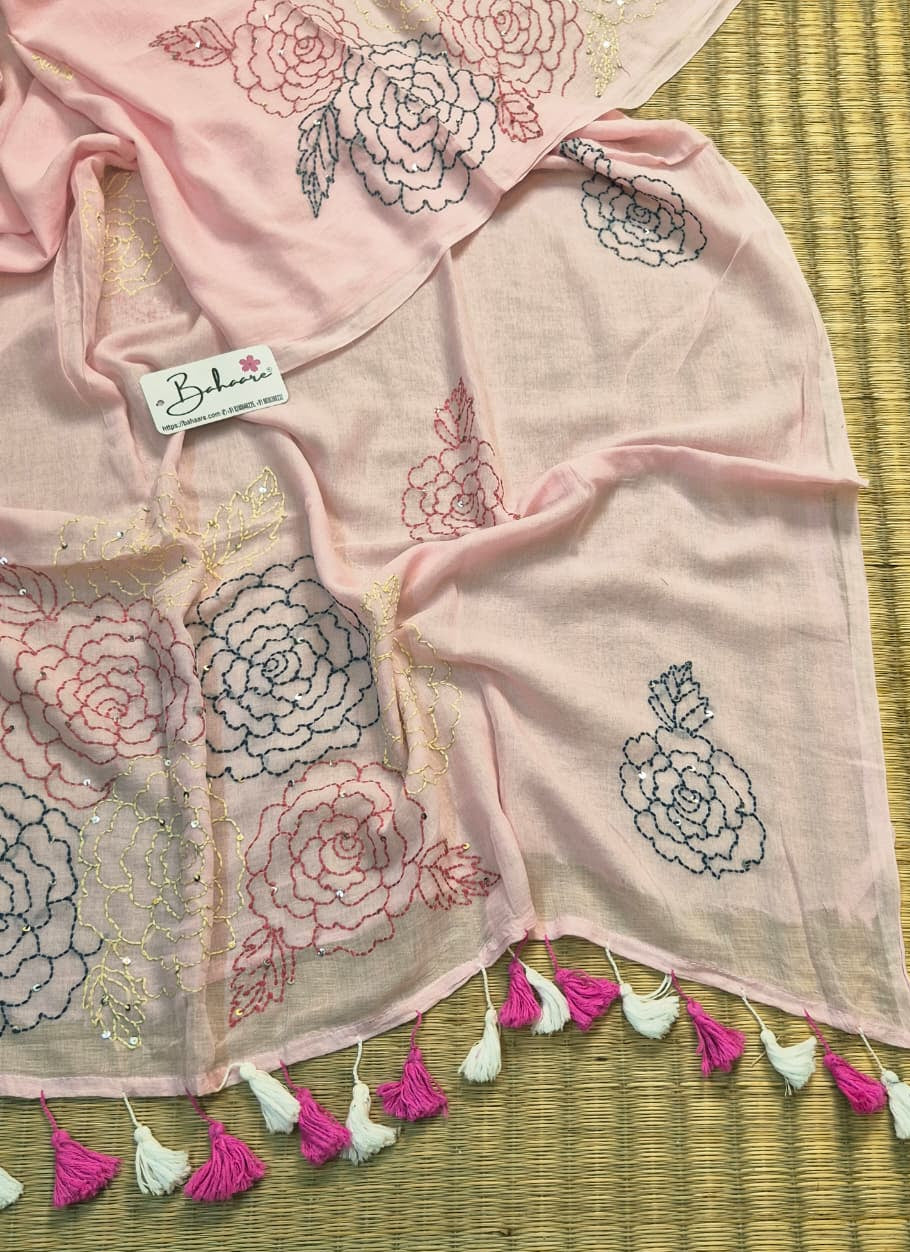 Mohini | Lotus Pink Mul Mul Cotton Saree with Kantha Hand Embroidery