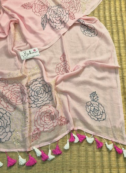 Mohini | Lotus Pink Mul Mul Cotton Saree with Kantha Hand Embroidery