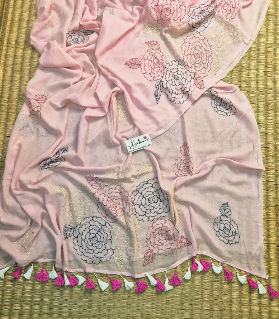 Mohini | Lotus Pink Mul Mul Cotton Saree with Kantha Hand Embroidery