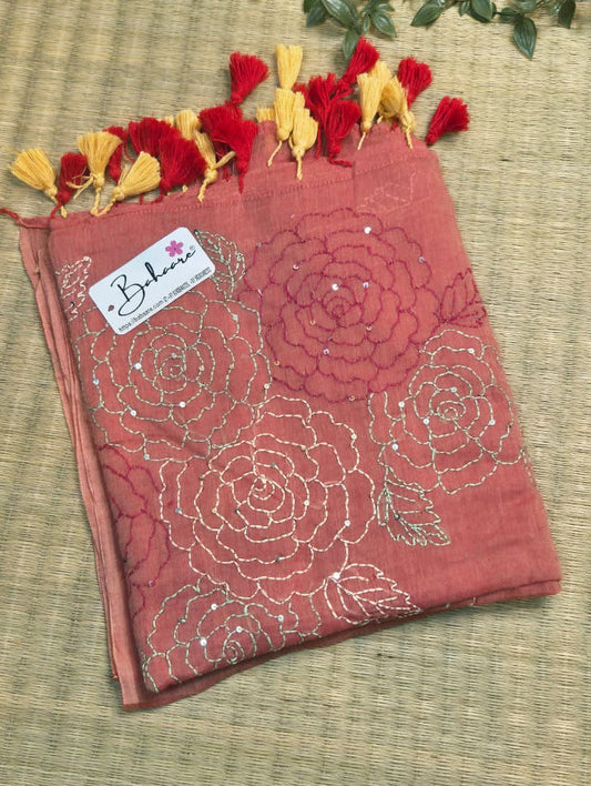 Mohini | Sunset Orange Mul Mul Cotton Saree with Kantha Hand Embroidery