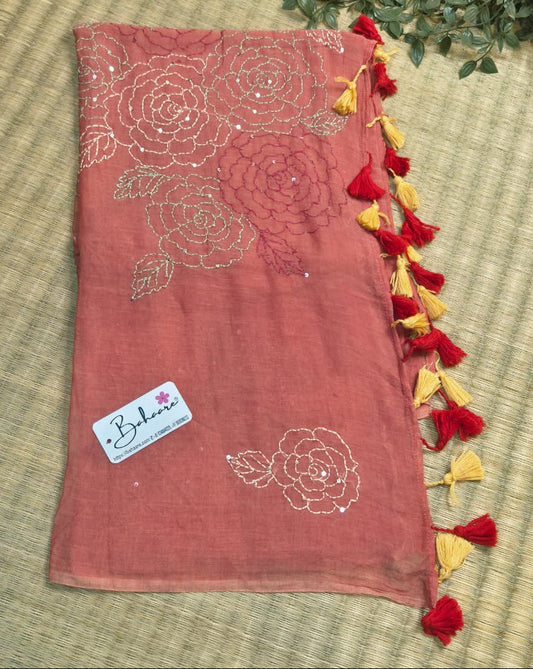Mohini | Sunset Orange Mul Mul Cotton Saree with Kantha Hand Embroidery