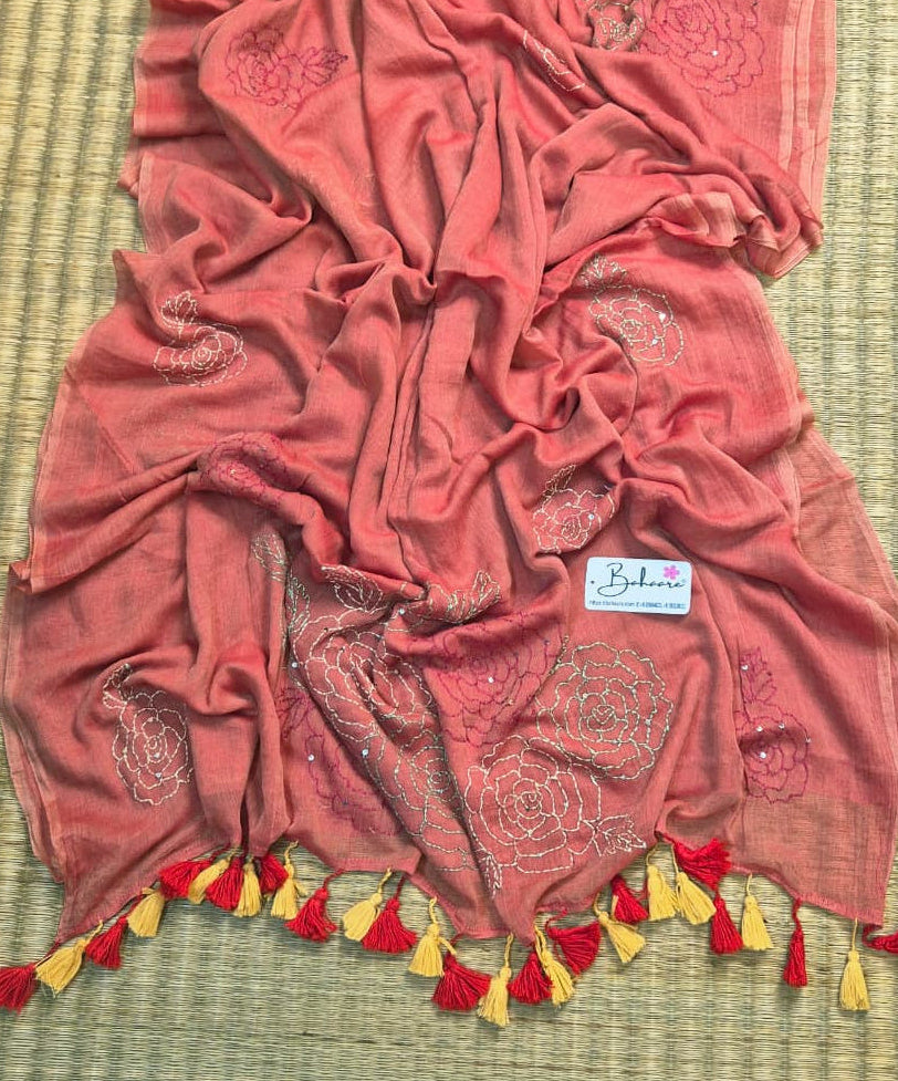 Mohini | Sunset Orange Mul Mul Cotton Saree with Kantha Hand Embroidery