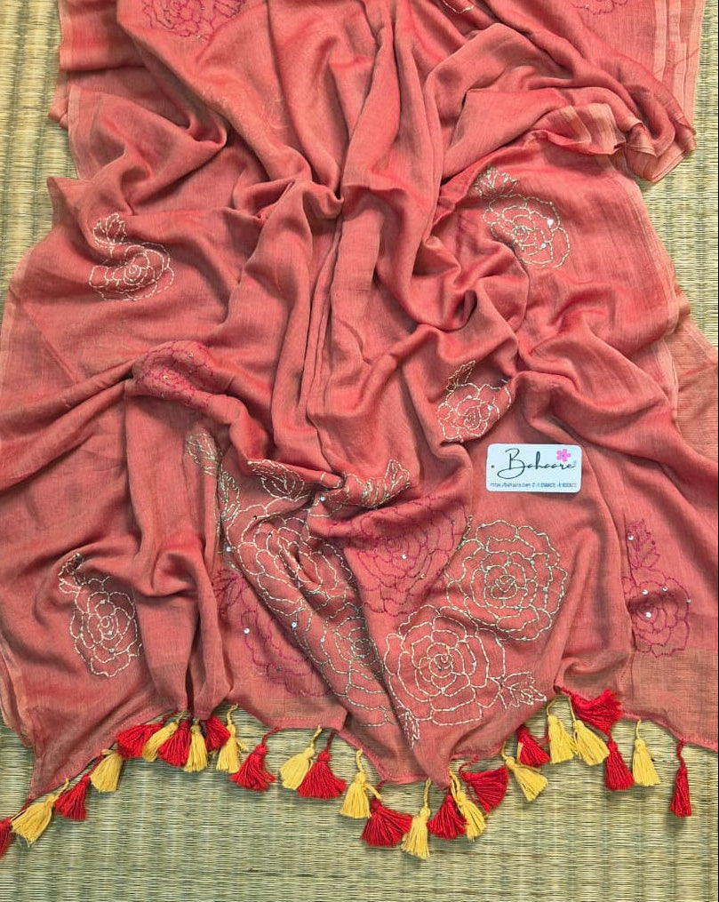 Mohini | Sunset Orange Mul Mul Cotton Saree with Kantha Hand Embroidery