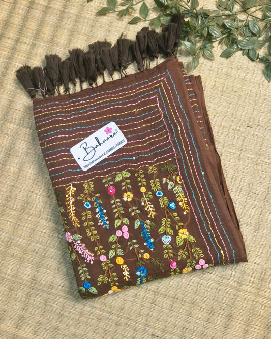 Mohini | Cinnamon Brown Mul Mul Cotton Saree with Handcrafted Bullion Stich