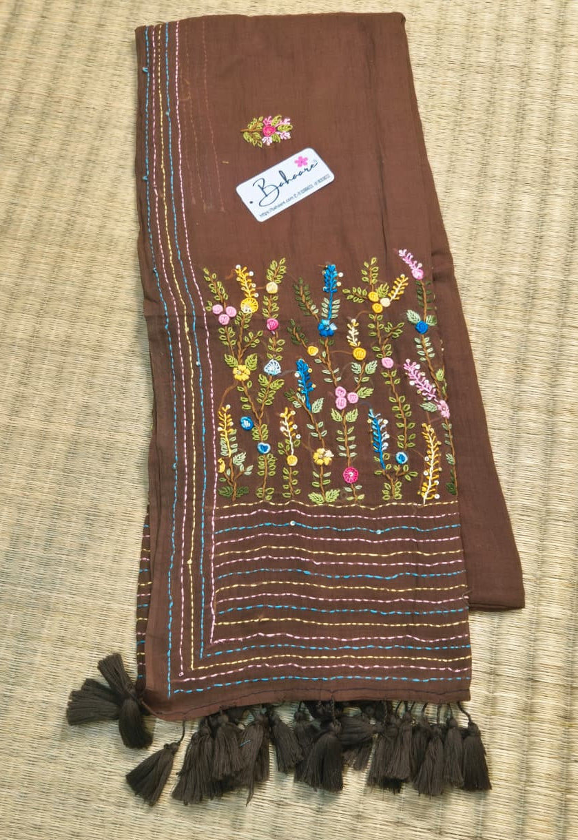Mohini | Cinnamon Brown Mul Mul Cotton Saree with Handcrafted Bullion Stich