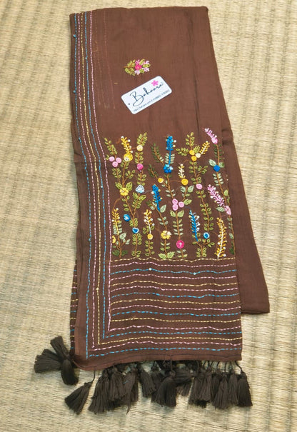 Mohini | Cinnamon Brown Mul Mul Cotton Saree with Handcrafted Bullion Stich