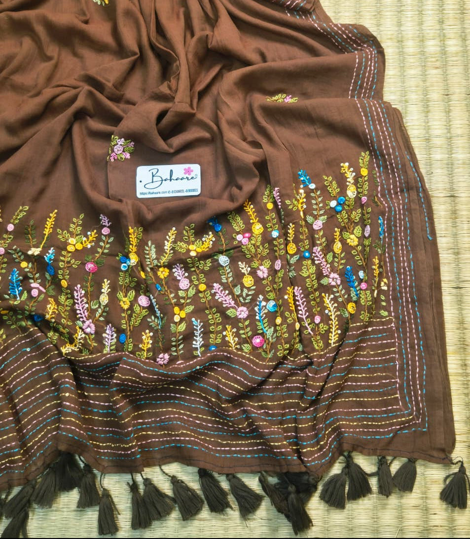 Mohini | Cinnamon Brown Mul Mul Cotton Saree with Handcrafted Bullion Stich