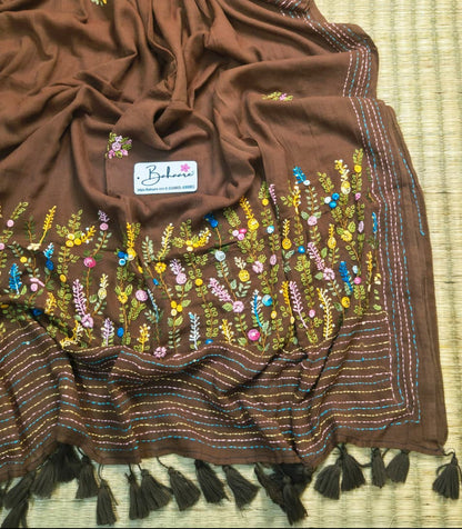 Mohini | Cinnamon Brown Mul Mul Cotton Saree with Handcrafted Bullion Stich