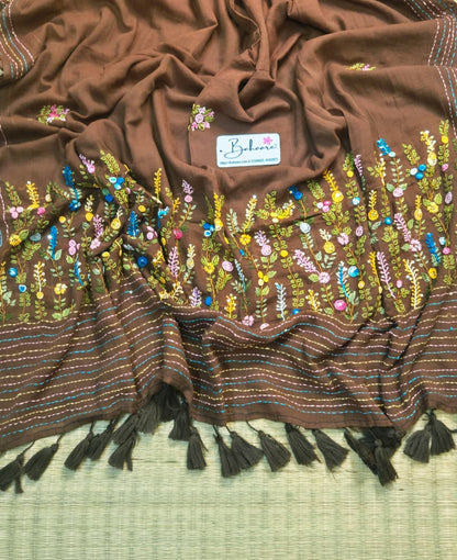 Mohini | Cinnamon Brown Mul Mul Cotton Saree with Handcrafted Bullion Stich