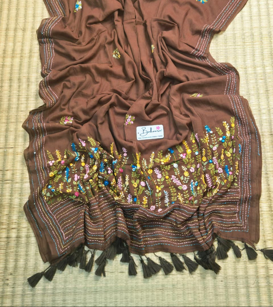 Mohini | Cinnamon Brown Mul Mul Cotton Saree with Handcrafted Bullion Stich