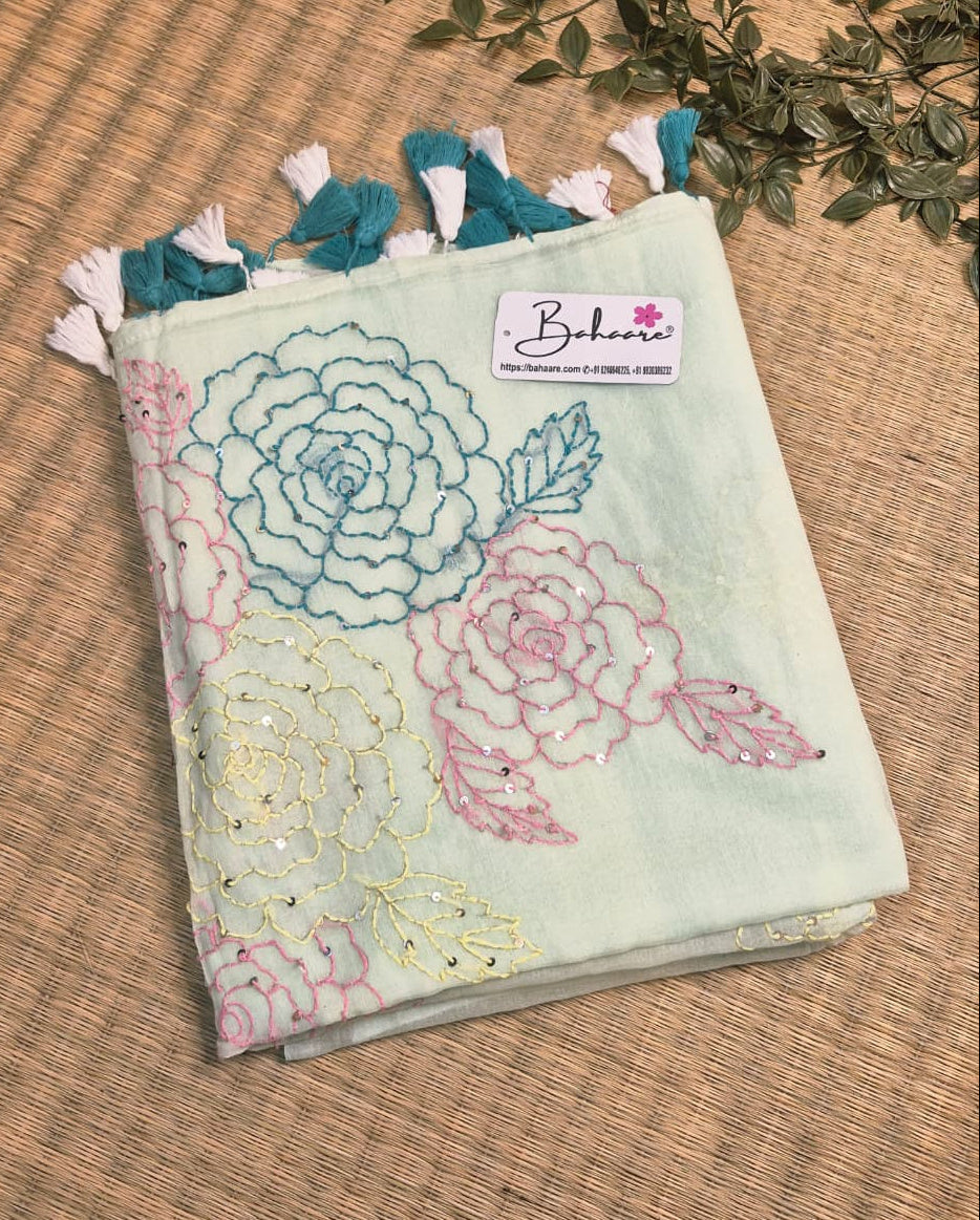 Mohini | Fresh Mint Mul Mul Cotton Saree with Kantha Hand Embroidery