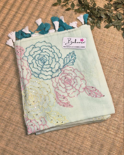 Mohini | Fresh Mint Mul Mul Cotton Saree with Kantha Hand Embroidery