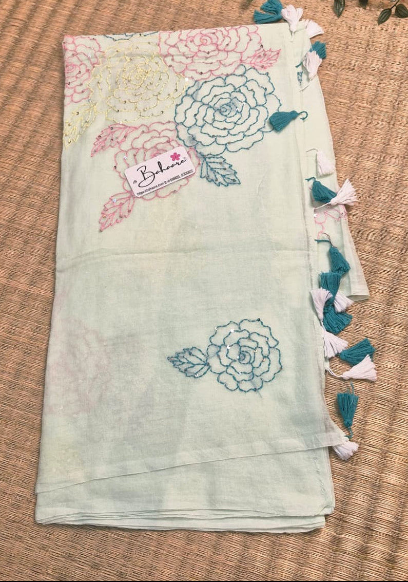 Mohini | Fresh Mint Mul Mul Cotton Saree with Kantha Hand Embroidery
