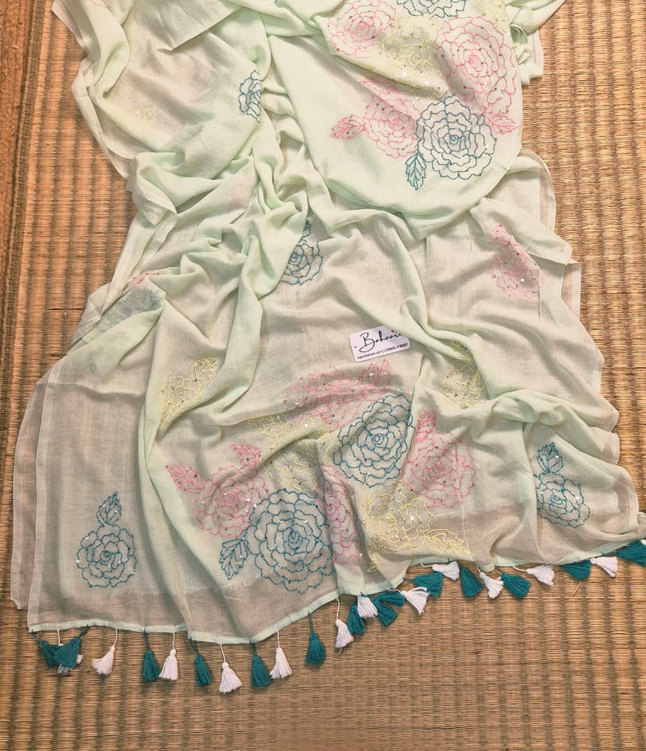 Mohini | Fresh Mint Mul Mul Cotton Saree with Kantha Hand Embroidery