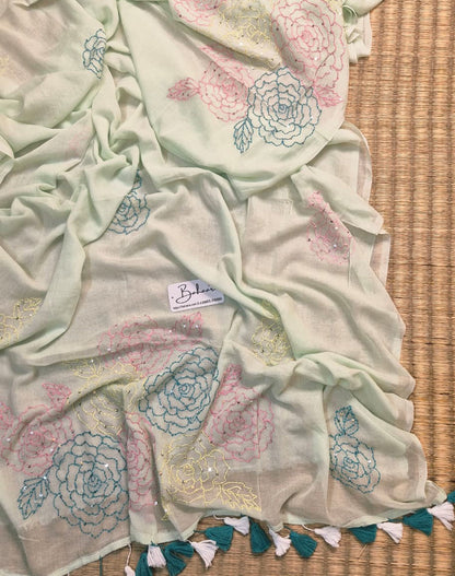 Mohini | Fresh Mint Mul Mul Cotton Saree with Kantha Hand Embroidery