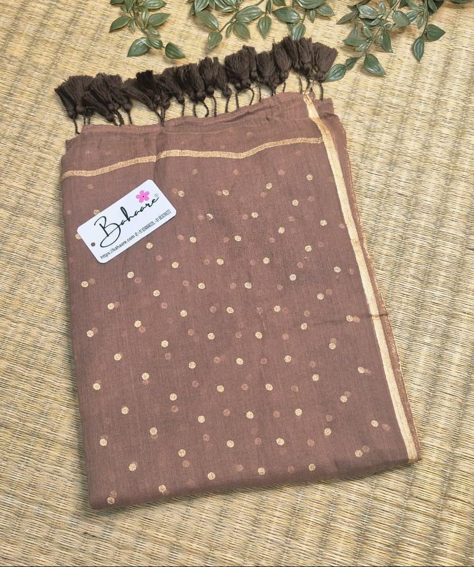 Polka Passion | Soft Cocoa Mul Mul Cotton Saree with Golden Polka Dots