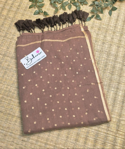 Polka Passion | Soft Cocoa Mul Mul Cotton Saree with Golden Polka Dots