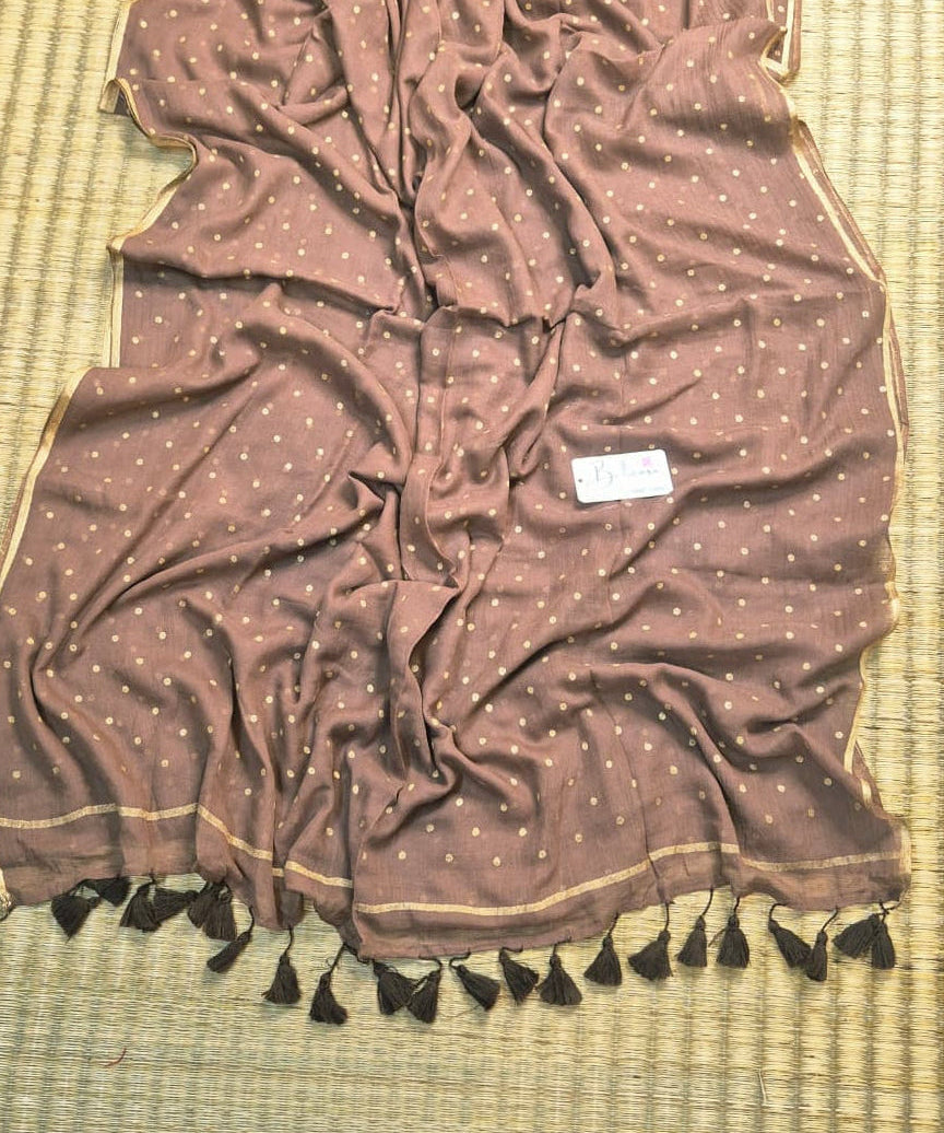 Polka Passion | Soft Cocoa Mul Mul Cotton Saree with Golden Polka Dots
