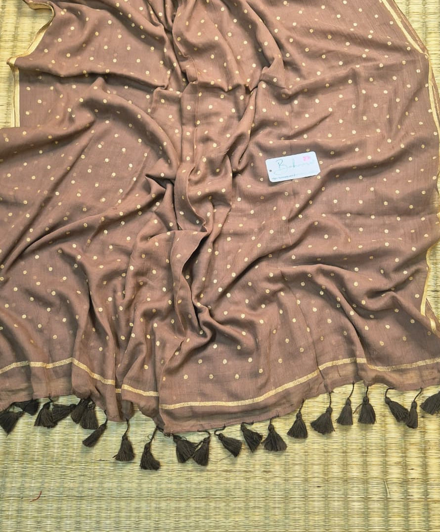 Polka Passion | Soft Cocoa Mul Mul Cotton Saree with Golden Polka Dots