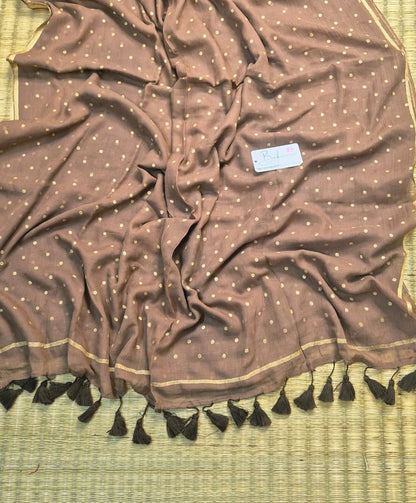 Polka Passion | Soft Cocoa Mul Mul Cotton Saree with Golden Polka Dots