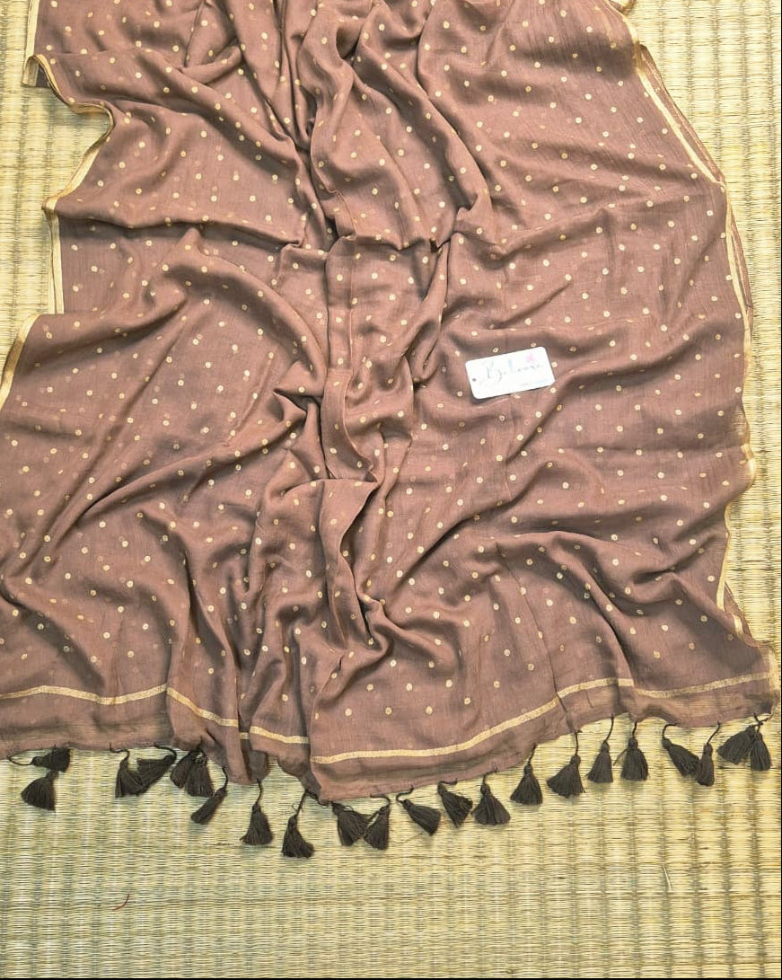 Polka Passion | Soft Cocoa Mul Mul Cotton Saree with Golden Polka Dots