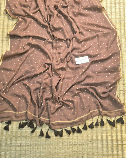 Polka Passion | Soft Cocoa Mul Mul Cotton Saree with Golden Polka Dots