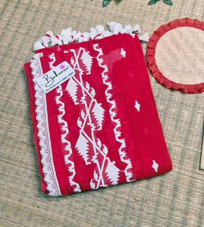 Mohini | Festive Red Mul Mul Cotton Saree with Jamdani Embroidery