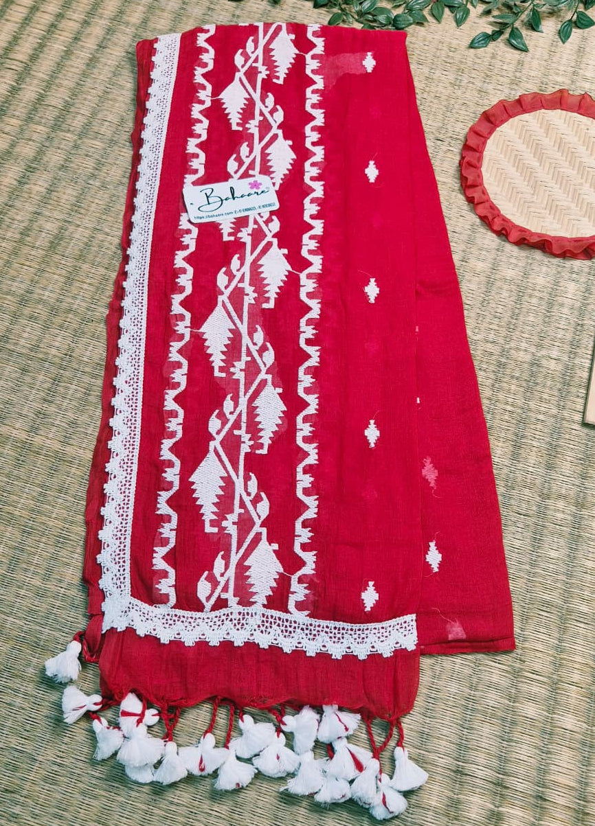 Mohini | Festive Red Mul Mul Cotton Saree with Jamdani Embroidery