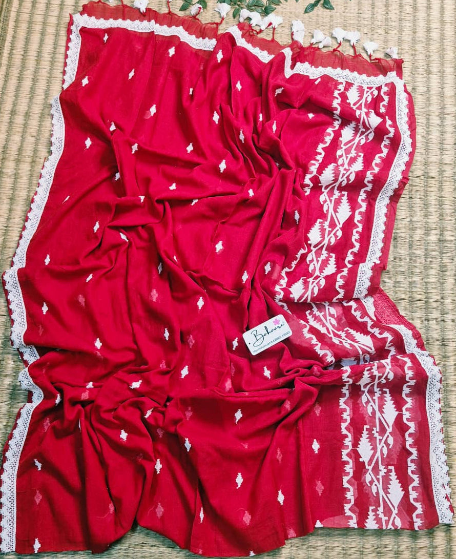 Mohini | Festive Red Mul Mul Cotton Saree with Jamdani Embroidery