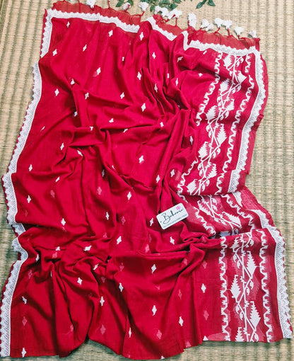 Mohini | Festive Red Mul Mul Cotton Saree with Jamdani Embroidery