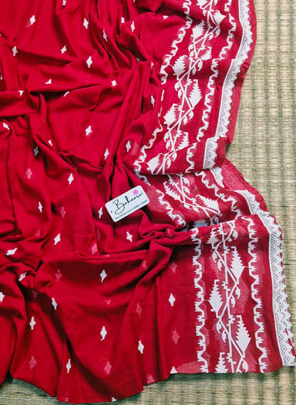 Mohini | Festive Red Mul Mul Cotton Saree with Jamdani Embroidery