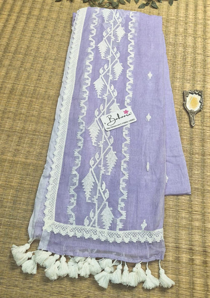 Mohini | Soft Lavender Mul Mul Cotton Saree with Jamdani Embroidery
