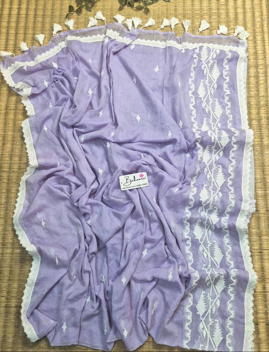 Mohini | Soft Lavender Mul Mul Cotton Saree with Jamdani Embroidery