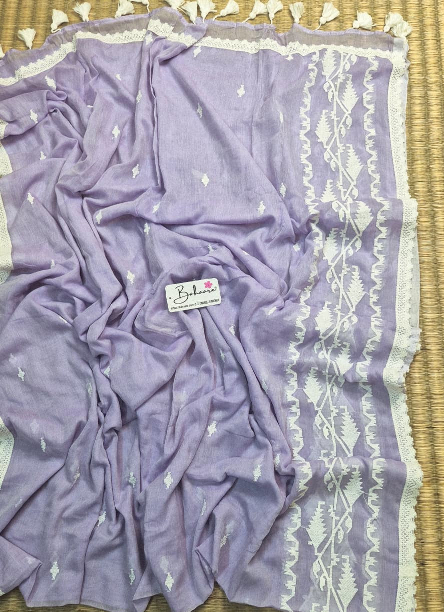 Mohini | Soft Lavender Mul Mul Cotton Saree with Jamdani Embroidery