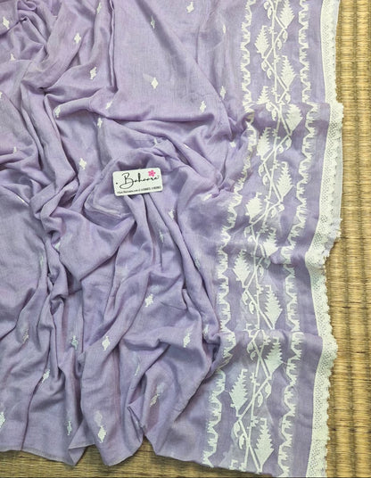 Mohini | Soft Lavender Mul Mul Cotton Saree with Jamdani Embroidery