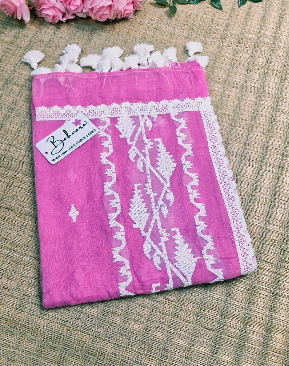 Mohini | Rose Pink Mul Mul Cotton Saree with Jamdani Embroidery