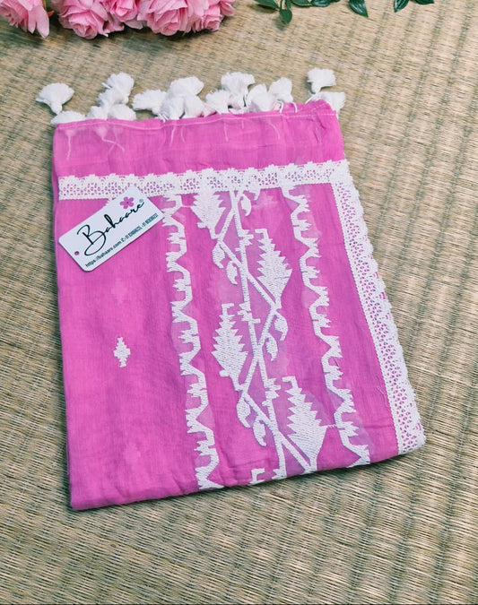 Mohini | Rose Pink Mul Mul Cotton Saree with Jamdani Embroidery