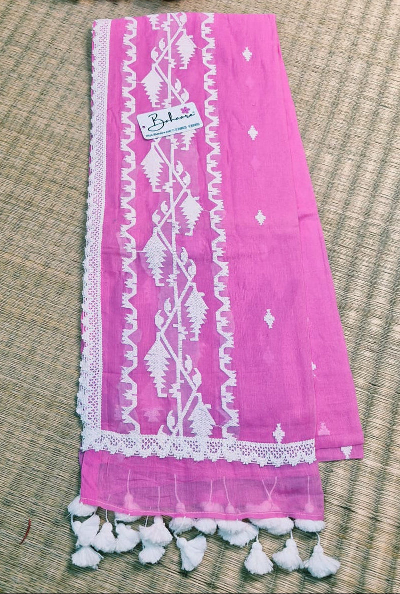 Mohini | Rose Pink Mul Mul Cotton Saree with Jamdani Embroidery