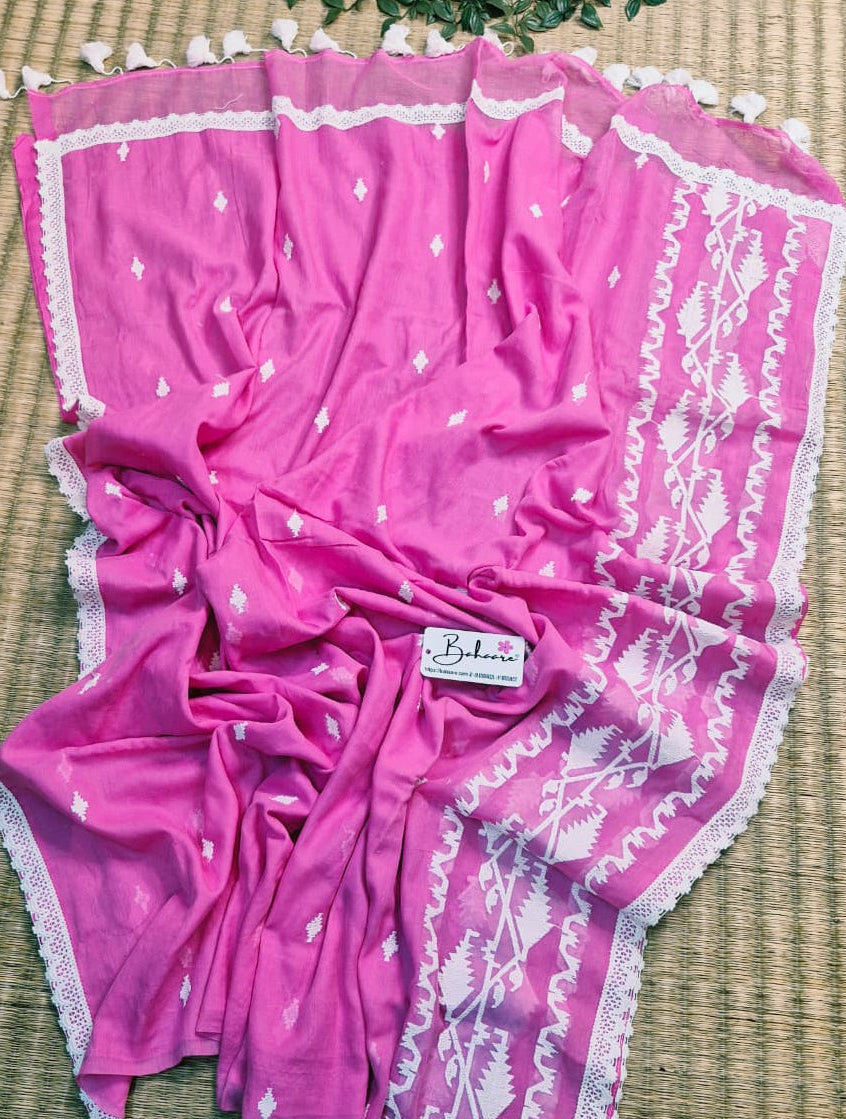 Mohini | Rose Pink Mul Mul Cotton Saree with Jamdani Embroidery