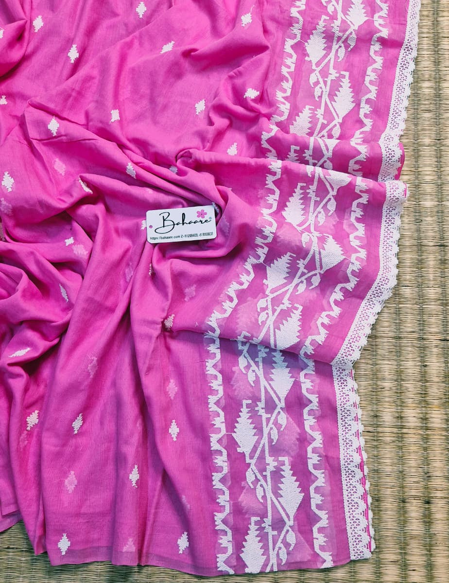 Mohini | Rose Pink Mul Mul Cotton Saree with Jamdani Embroidery