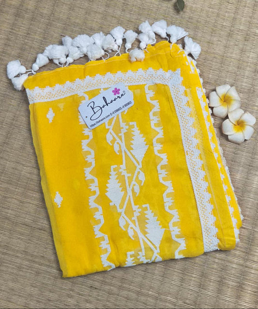Mohini | Sunshine Yellow Mul Mul Cotton Saree with Jamdani Embroidery