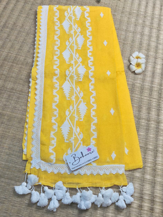Mohini | Sunshine Yellow Mul Mul Cotton Saree with Jamdani Embroidery