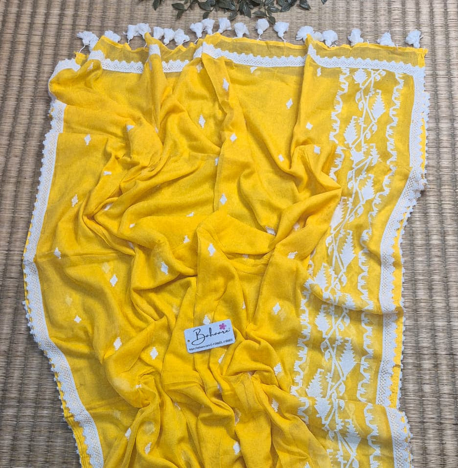 Mohini | Sunshine Yellow Mul Mul Cotton Saree with Jamdani Embroidery